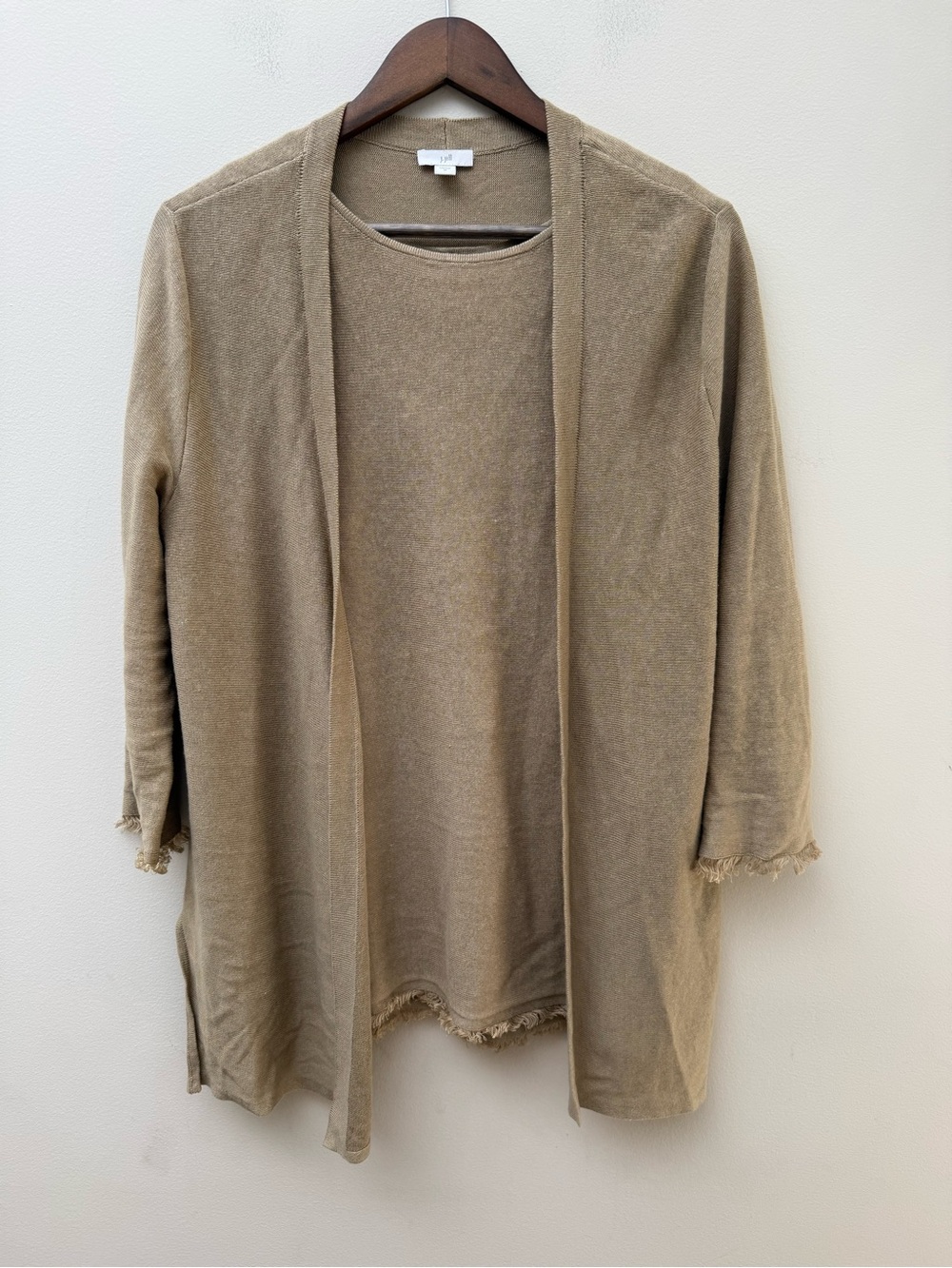 J. Jill 2PC Taupe Open-Front Fringed Cardigan